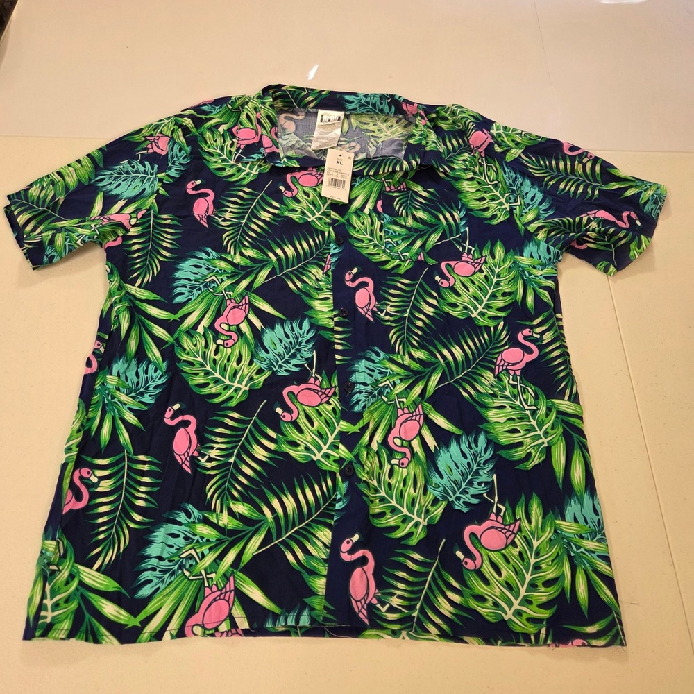IML Mens XL Flamingo Tropical Palm Leaf Button Down Shirt Blue IML224AMTG NWT